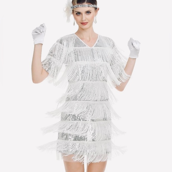 SILVER & WHITE Fringe Elegant & Fancy Dress. A Party Dress & A Costume Gown - Picture 4 of 8